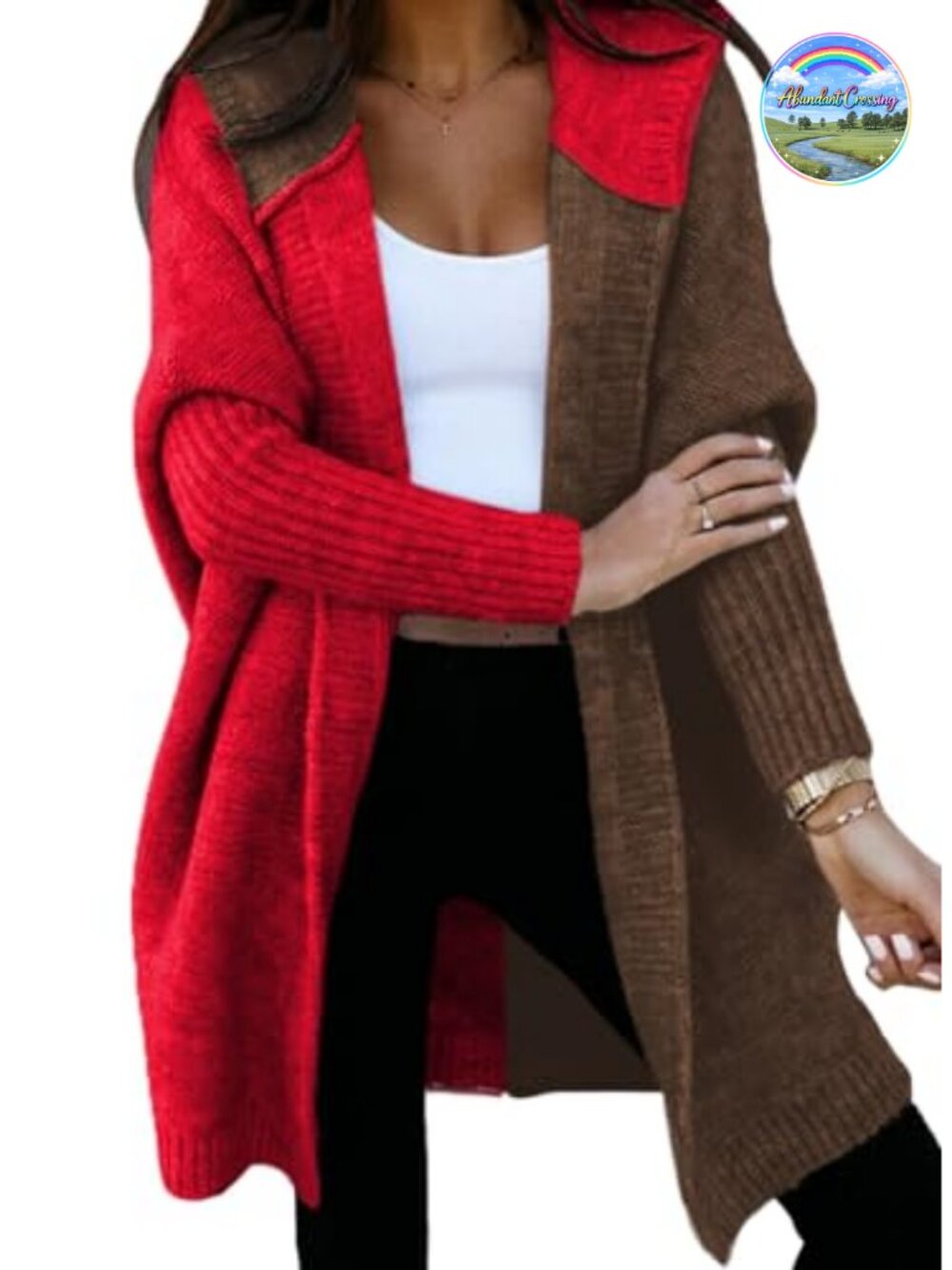 Hooded Knit Cardigan Sweater Color Block Open Front Long Sleeve Loose Fit